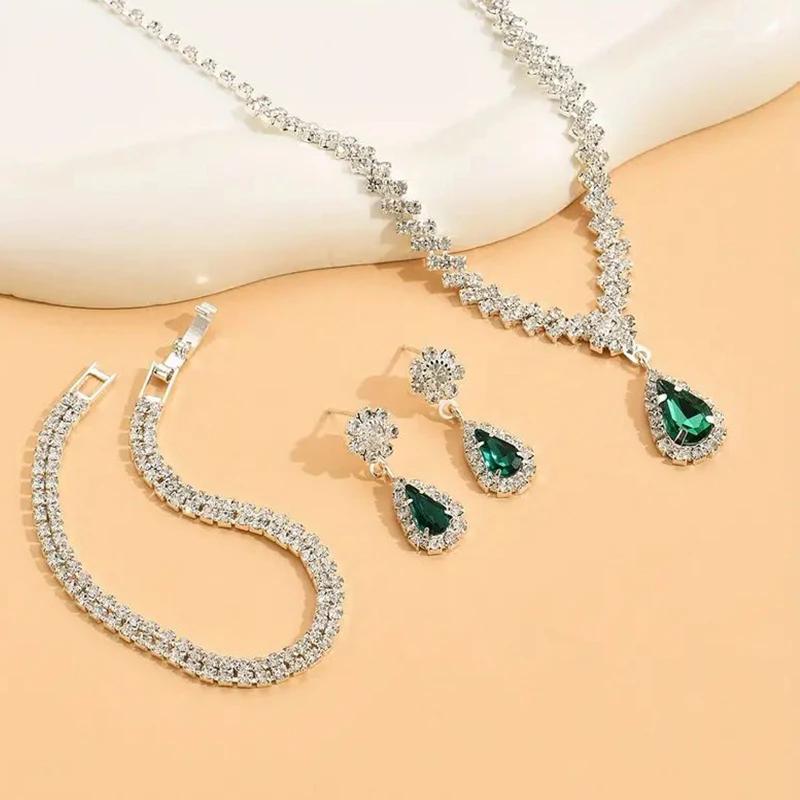 

Набор из 3 предметов Красный Водный Доп Камень Ожерелье Серьги Браслет Полный Кристальный Камень Ожерелье Синий Зеленый Красный Цвет Подвеска Женский Циркон