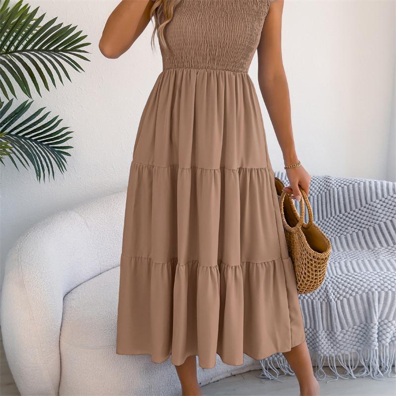 2026 Spring/Summer Women's Solid Color Black Fungal Edge Flying Sleeve Pulling Waist Skirt S-XL