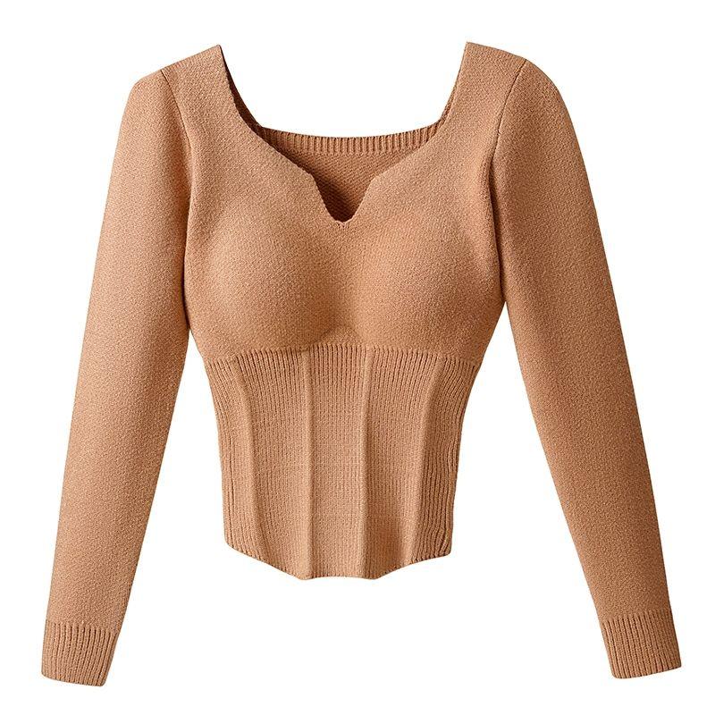 Autumn Winter Women's Knitted Sweaters Velvet Undershirt Thermal Underwear with Chest Pad