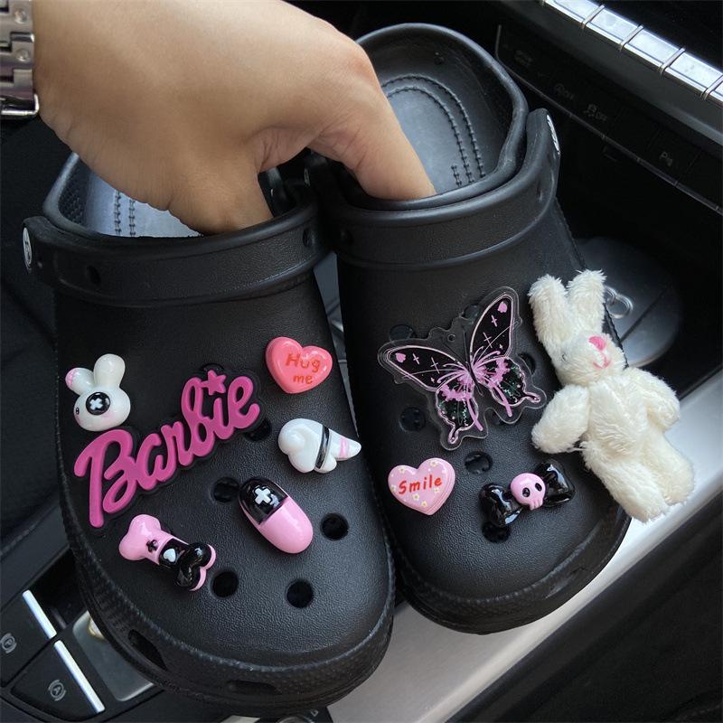 Croc Accessories: DIY Barbie Pink Y2K Emo Shoe Charms with Dark Butterfly Heart Design