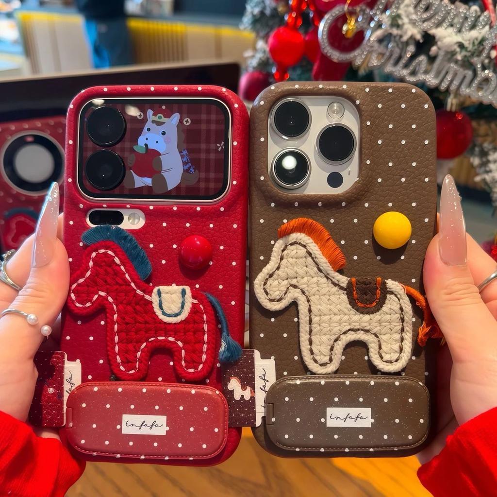 Applicable To Apple 17 Mobile Phone Case 16promax Anti-drop 15Pro All-inclusive 13/14 Protective Case Polka Dot Pony Bracket