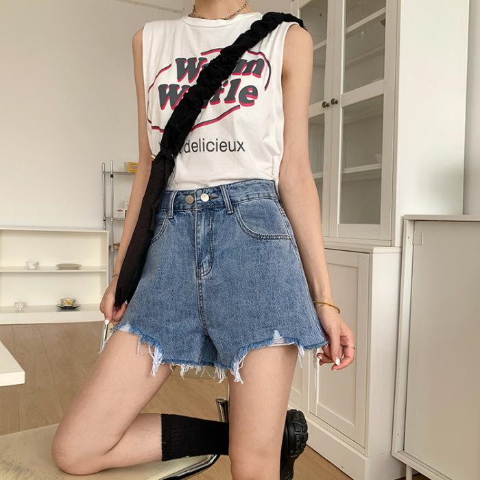 

Niche Ripped Denim Shorts for Female New Summer Style High-Waisted Relaxed Fit Slimming A-line Wide-leg Bottoms Fur Edges B Practical Use S