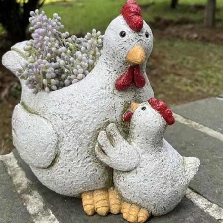 Decorative Hen Figure with Chick, Sculpting Face and Wing Detail, Resin Small Planter Pot for Farm Theme Farmhouses Shelf, Cabinet, or Garden Patios
