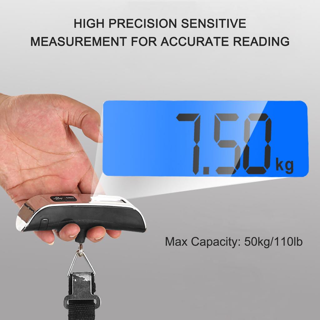 50 Kg Luggage Weight Scale, Large LCD Display with Backlight,  -Life Battery Included, Metal Construction, Silver