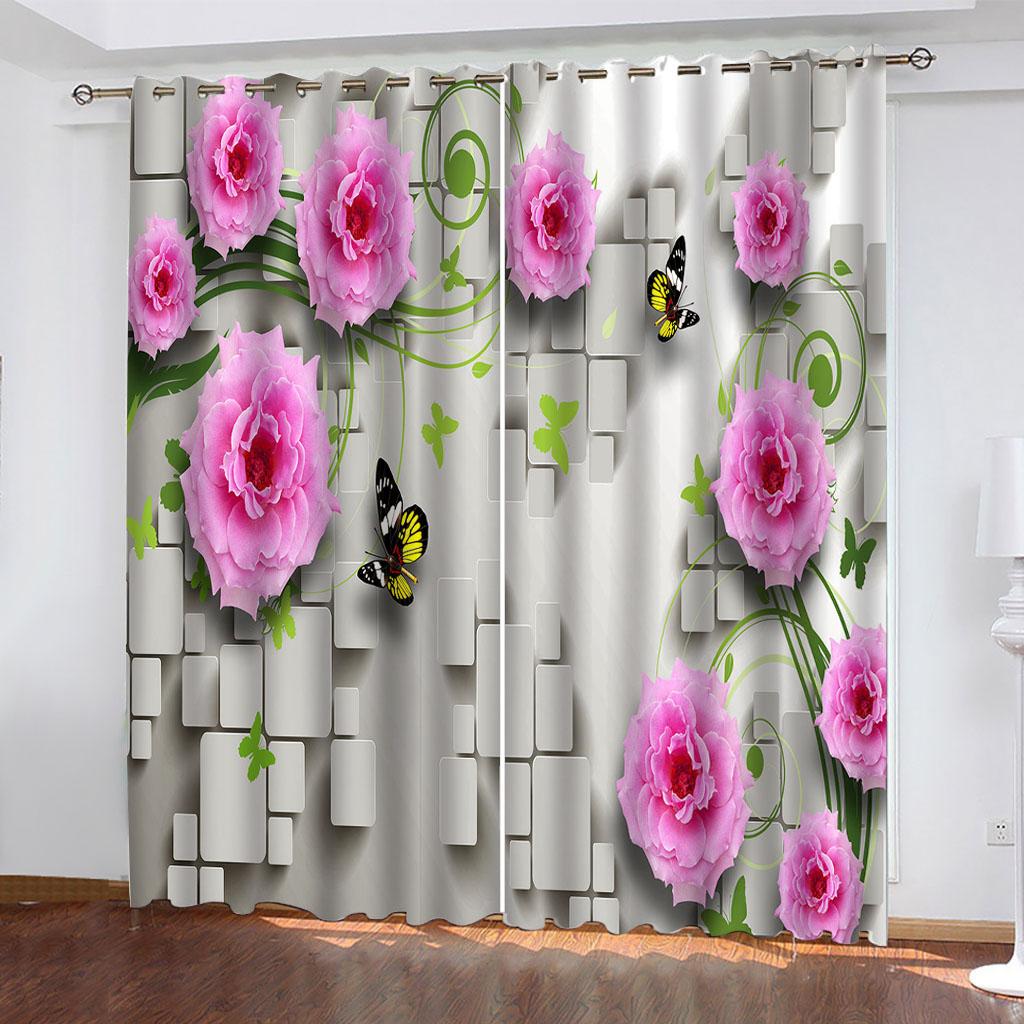 Living Room Decoration 3D Animal Plant Dancing Butterfly Flower Bedroom Curtains Set, Shade Curtain, 2 Pieces Free Shiping