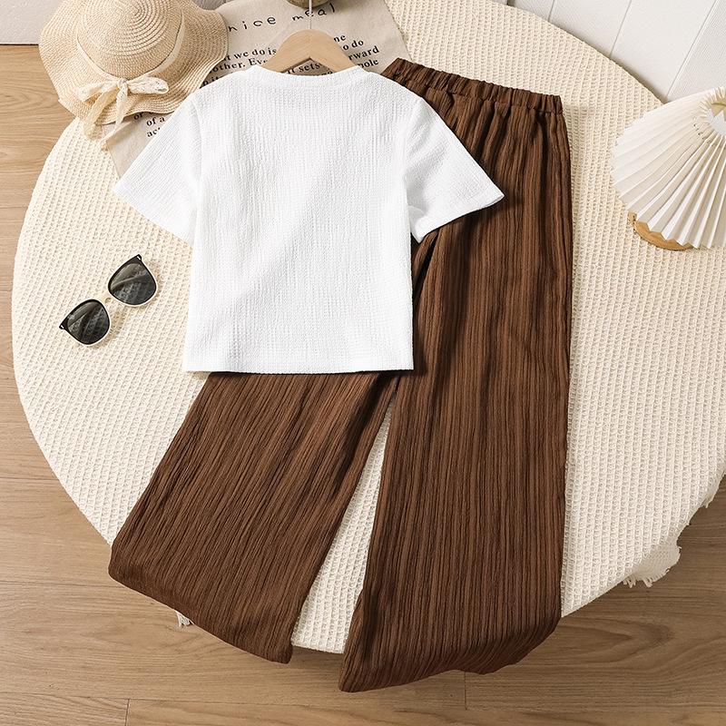 Girls' Spring/Summer 3D Flower Two-Piece Set – Sweet Korean Style Short-Sleeve Top & Long Pants