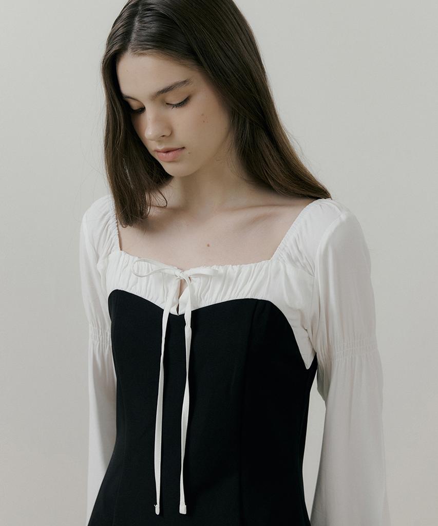 Riorg Rie Ribbon Square Neck Puff Long Sleeve Mini Ops Black