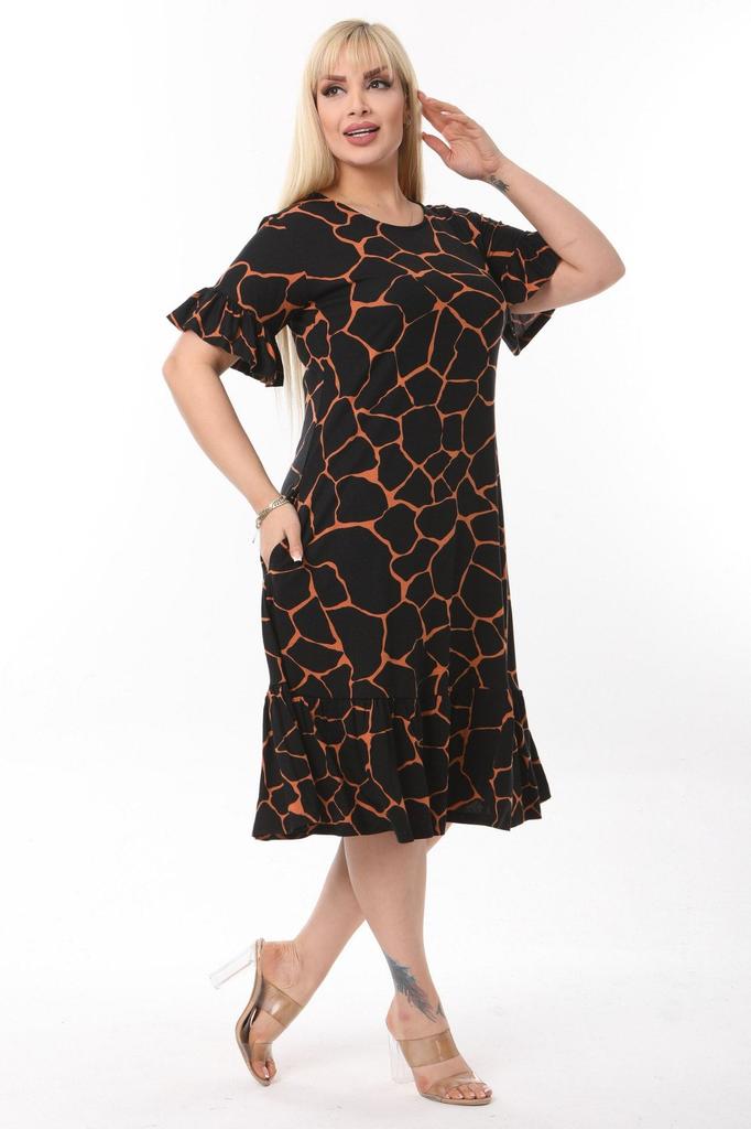 Damen Übergröße Kleid Plus Size Schwarz Steinmuster Taschenkleid mit Rüschenärmeln und Rock