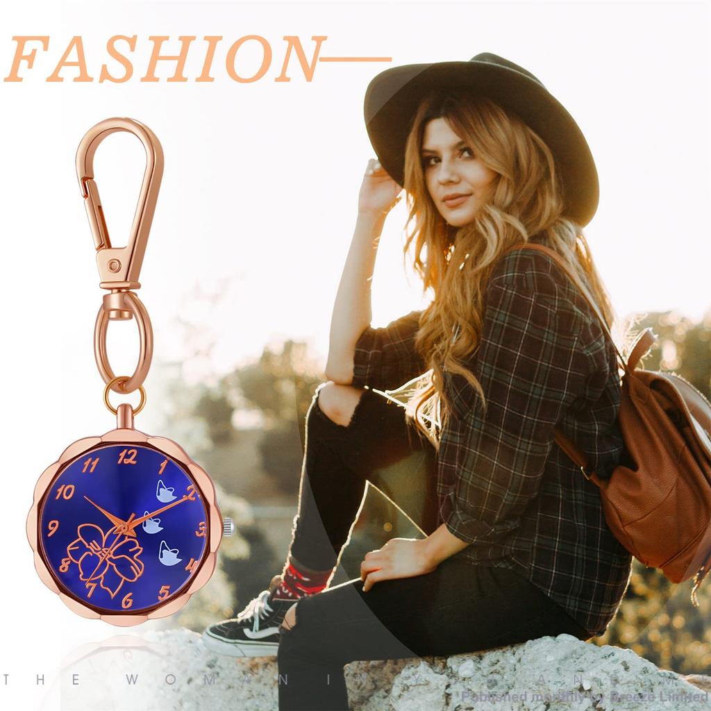 Watch Keychain Clip Pocket Watch Women Analog Flower Nurse Watch Waterproof Cute Rose Gold Fashion Accessory