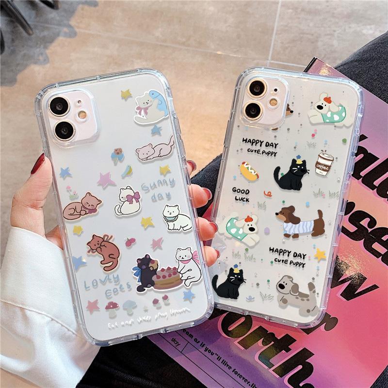 Cute Kawaii Cat Dog Sticker Phone Case for iPhone 17 16 15 14 13 12 11 Pro Max Plus Korean Style Shockproof Clear Soft TPU Cover