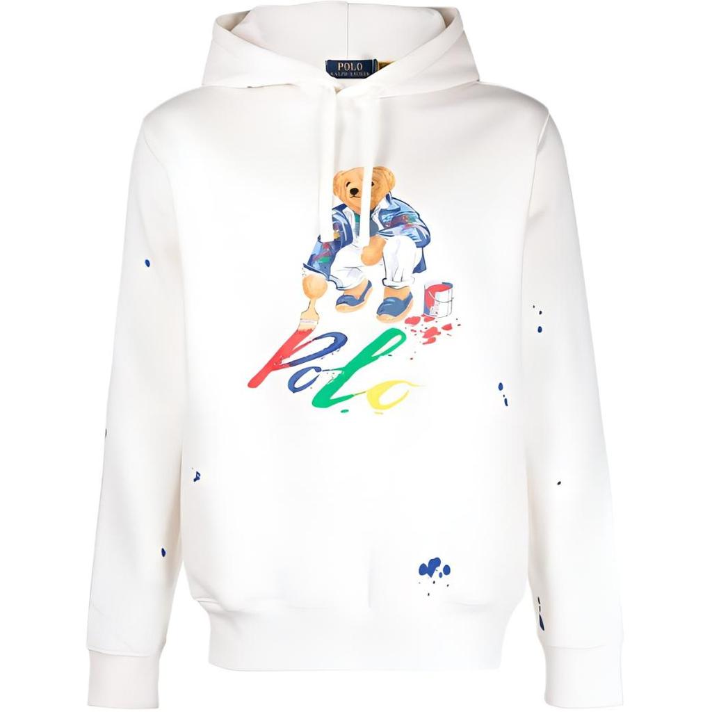 Polo Ralph Lauren FW23 Paint Splash Logo Print Loose Fit Hoodie Men Hoodies White 710926546-001
