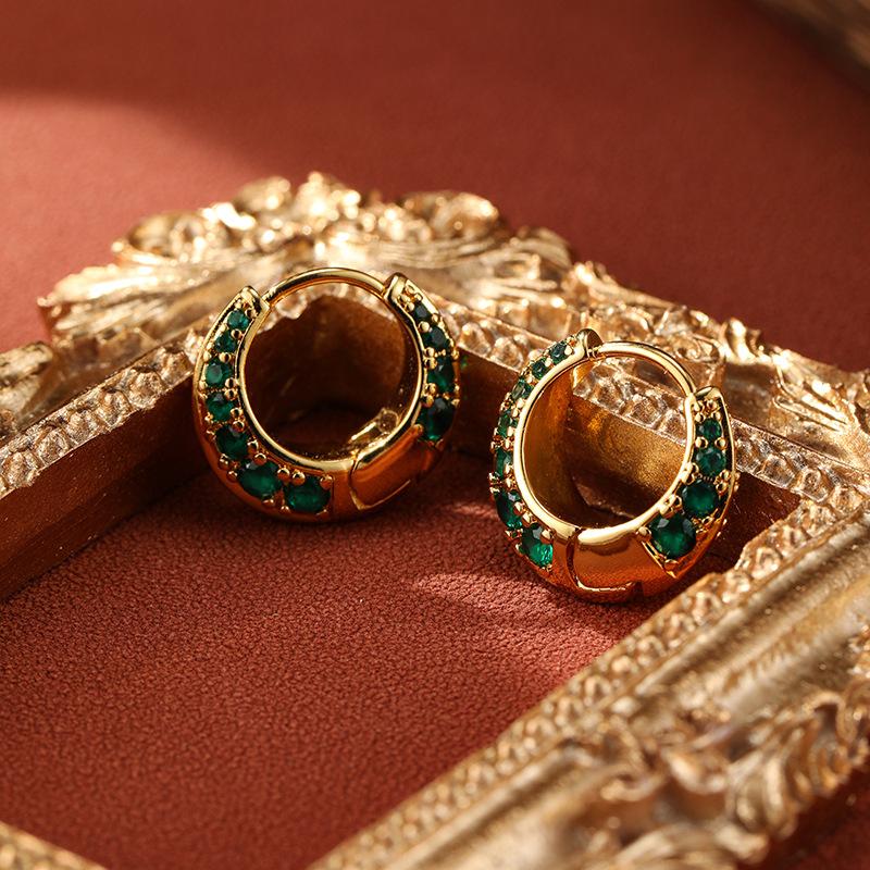 SUYU Fashionable Zircon With Green Zircon Circle Earrings Women's Ins Light Luxury Style Niche Earrings Retro Earrings