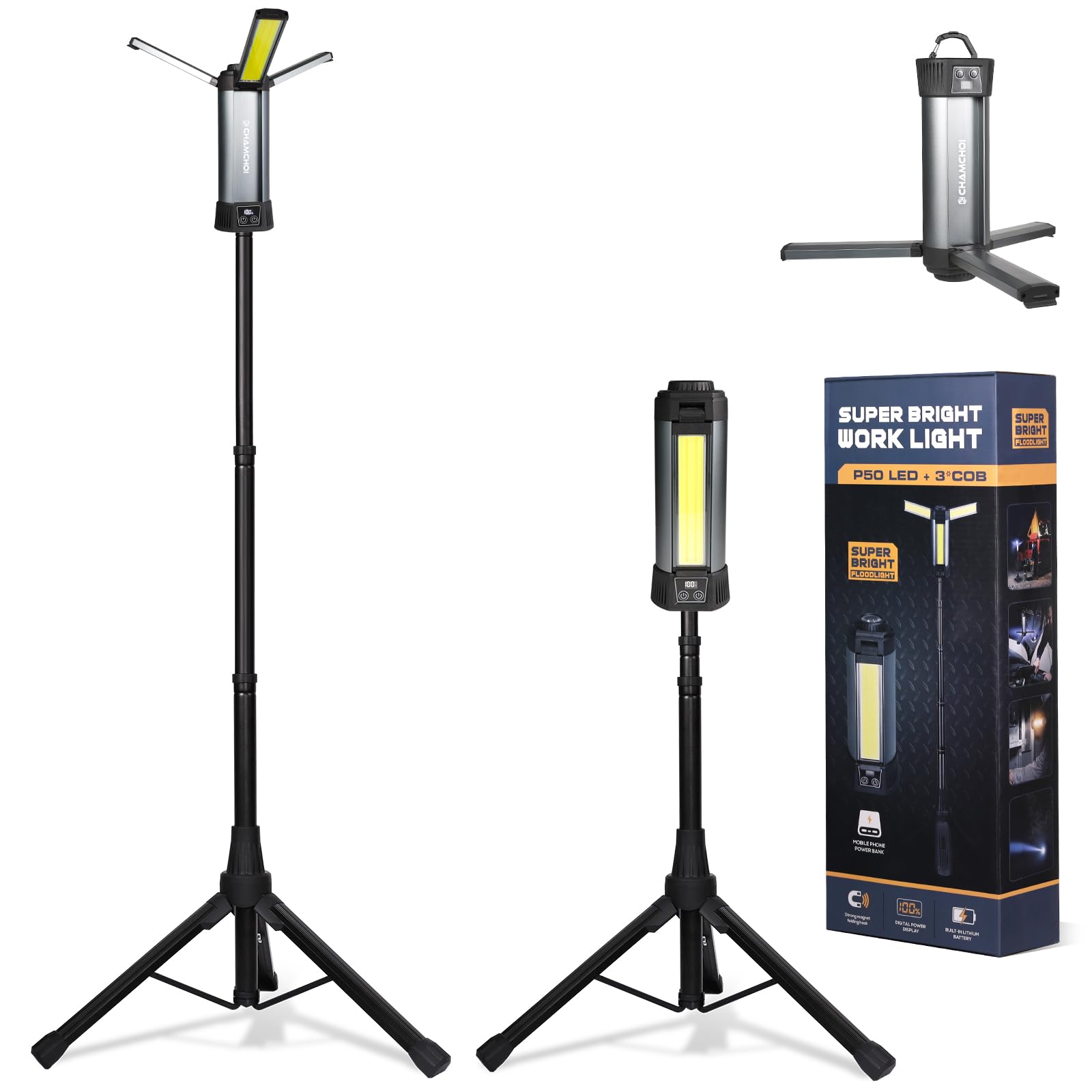 

Upgraded LED Work Light with Tripod, 10,000mAh High Capacity, 10,000LM, 23 Hours of Continuous Lighting, 10 Lighting Modes, 4 Color Switching,