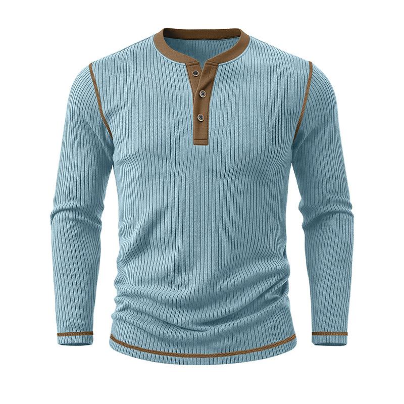 Men's Henry Neck Knit Long Sleeve T-Shirts Color Block Ribbed Casual Slim Fit Pullover Tops Autumn Winter Thermal Undershirts Men