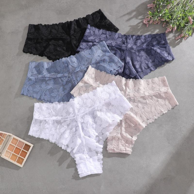 3Pcs/Set Women's High Waist Panties Ladies Sexy Lace Hollow Out Thong Breathable Transparent G-strings Solid Color Soft Lingerie