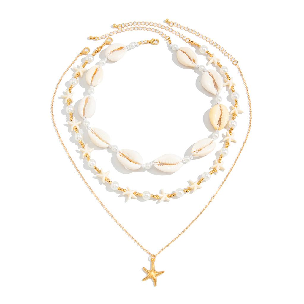 European and American Ocean Wind Starfish Pendant Pearl Necklace Female, Holiday Wind Shell Handmade Beaded Neck Chain Necklace