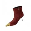2025 Sexy Velvet Short Boots Autumn and Winter New Metal Head Splicing Thin High Heel with Skirt Temperament Short Boots Thin Boots