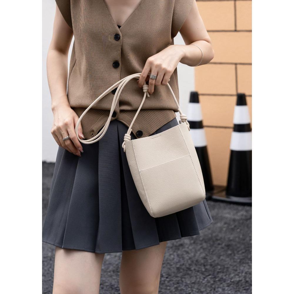 New Top Layer Cowhide Leather Lightweight and Simple Tote Bag for Women Versatile Bucket Crossbody Bag Knot Adjustable Shoulder Bag