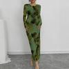 Women's Long Sleeve Camo Print Bodycon Midi Dress Solid Green Casual Dress