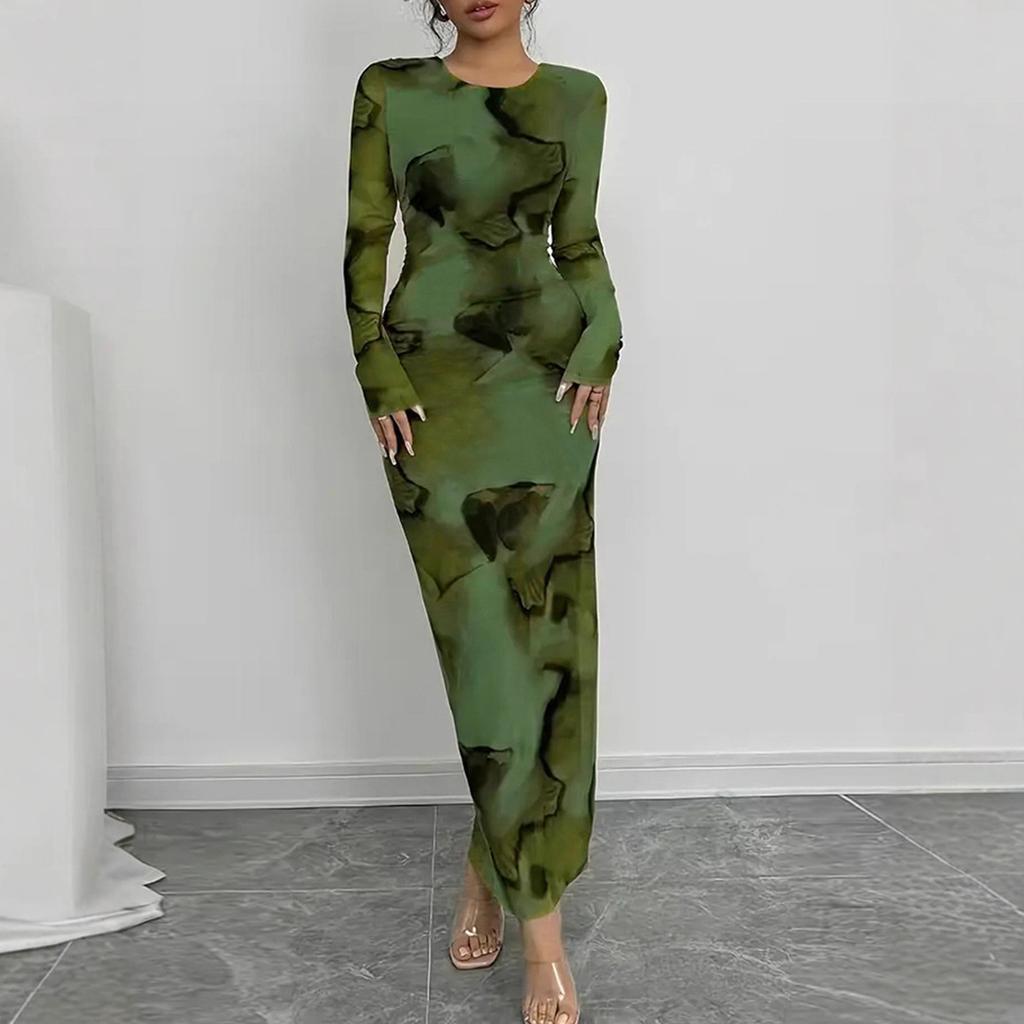 Women's Long Sleeve Camo Print Bodycon Midi Dress Solid Green Casual Dress