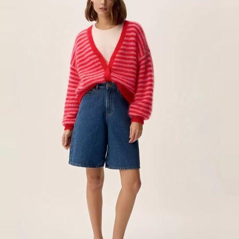 Za New Fall Women's Clothing 2025 Fashion Wind Stylish Fashion V Neck Stripes Loose Knitted Cardigan Outwear