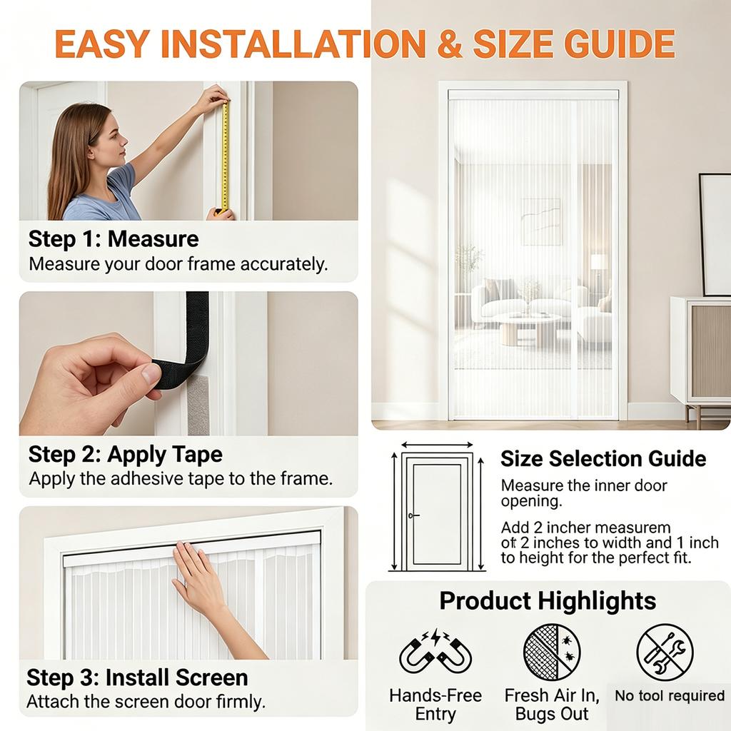 Magnetic Screen Door, Side-Opening Double-Sided Magnetic Screen Door, Insect Screen, Polyester Mesh, High-Density Breathable Screen—White