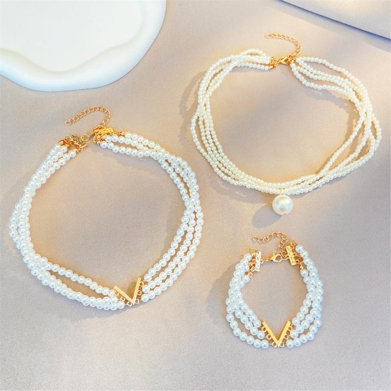Elegant Choker Necklace with Multiple Chains for Women Fashionable Pearls Beaded Chain Necklace/Bracelet Accessory Charm