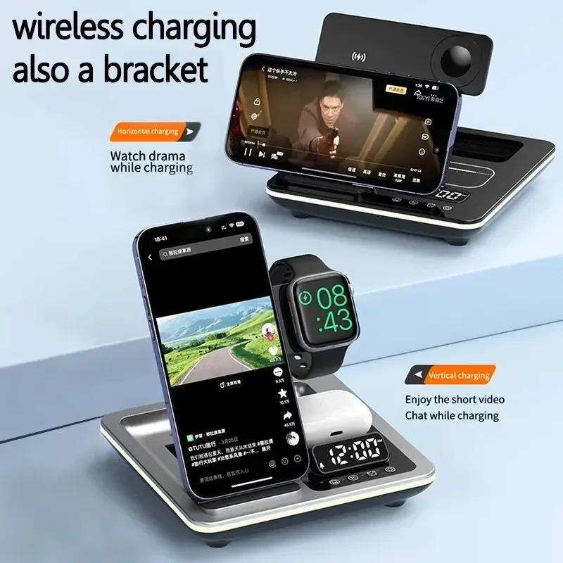 Portable 5 In 1 Wireless Charger Desktop Stand Alarm Clock LED Light for iPhone 16 15 iWatch Airpods Pro Fast Charging Station