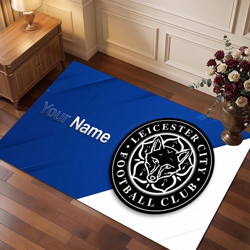 Leicester City Custom Crystal Velvet Rug, Personalized Name Text Print, Football Logo Soft Non‑Slip Floor Mat Home Decor Gift