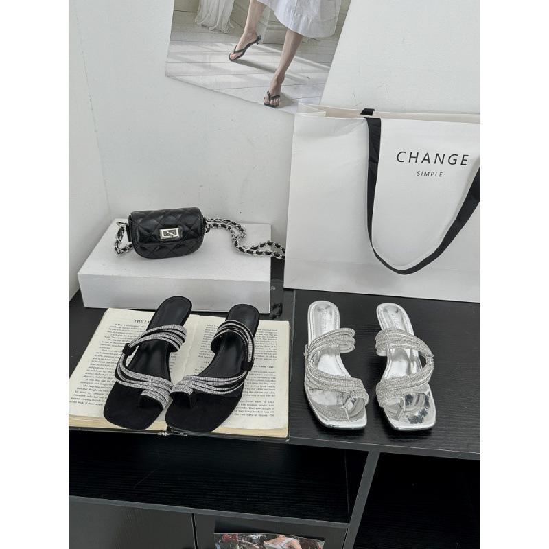 Square head rhinestone cover toe high heel cool slippers women's summer high sense versatile fashion high heels sandals
