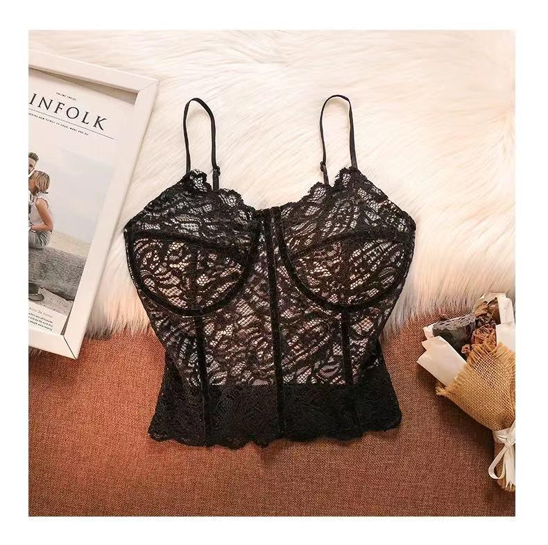 Elegant French Lace Camisole with Chest Pads - Sexy Outerwear & Innerwear Top One size чёрный