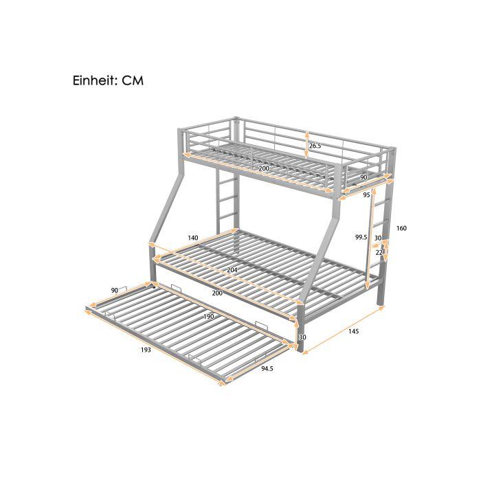 Lit Superposé, Lit En Métal Facile À Assembler Avec Lit Escamotable, 90(140)x200 Cm, Couleur Argentée