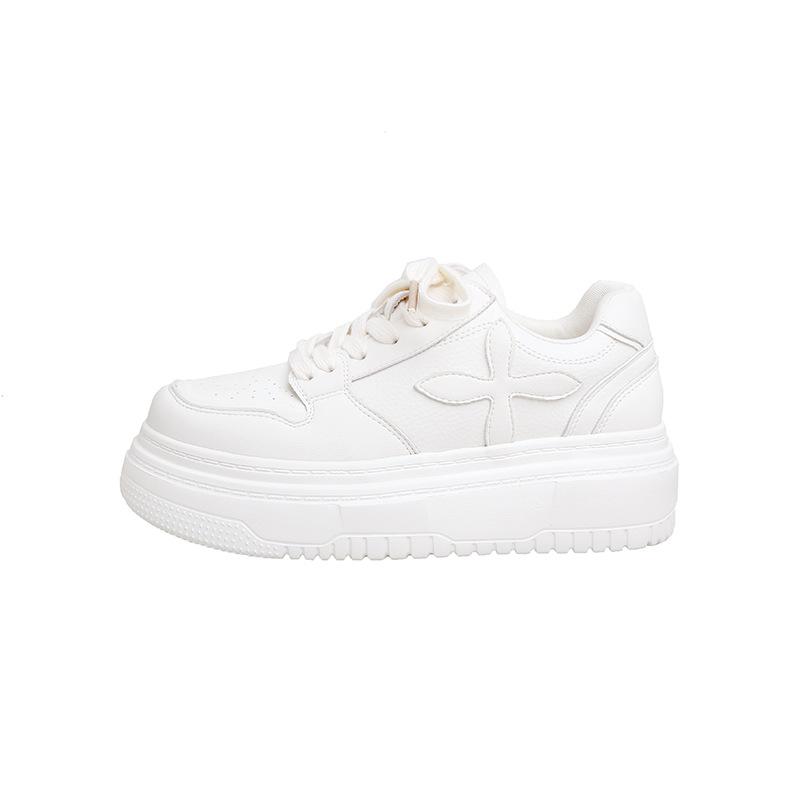 Leather Round Head Thick Sole Heightening Board Shoes Women's 2025 New Muffin Heel Lace-up Sports and Leisure Little White Shoes