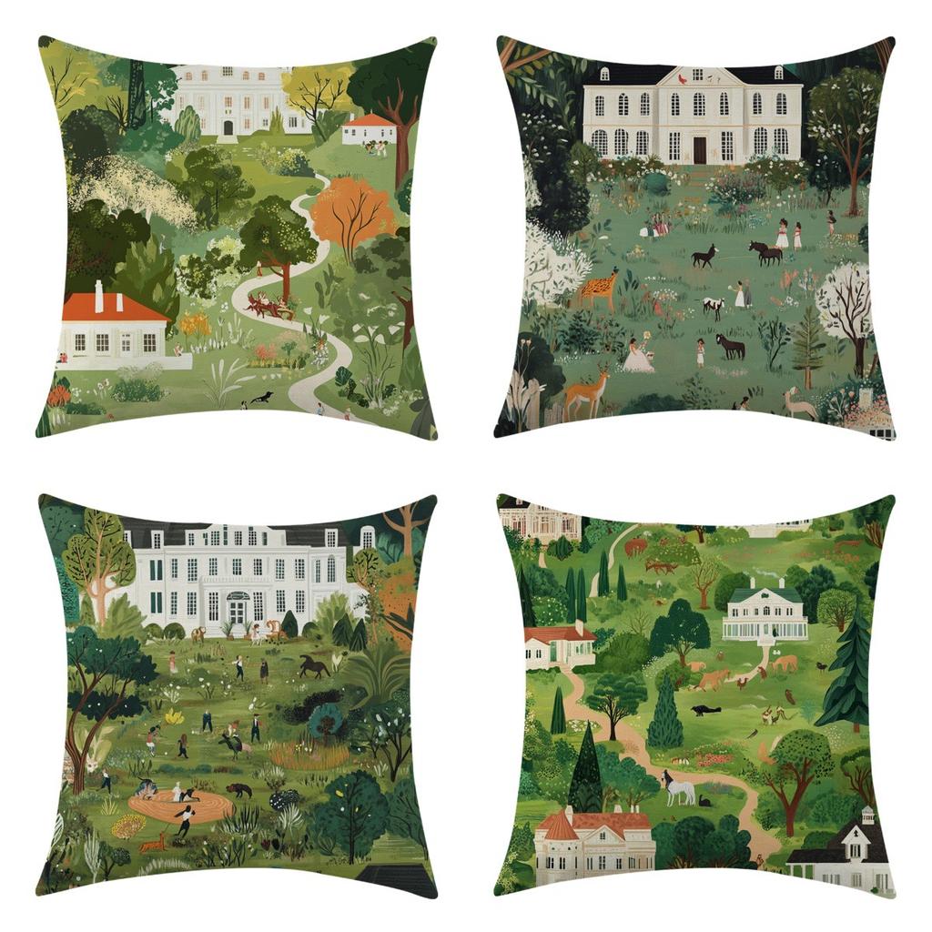 Pastoral fairy tale beauty and the elderly linen throw pillow four-piece set, labeled