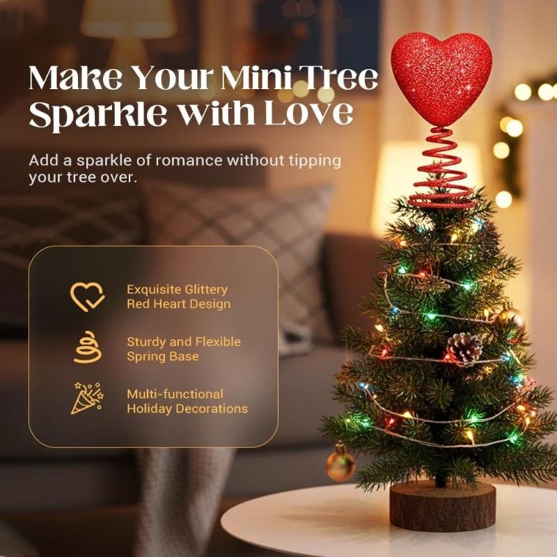Glitter Red Heart Mini Valentine's Day Tree Topper, 2026 New Spiral Base Love Ornament for Mini Trees Wedding Shower Party Home Holiday Decor Supplies