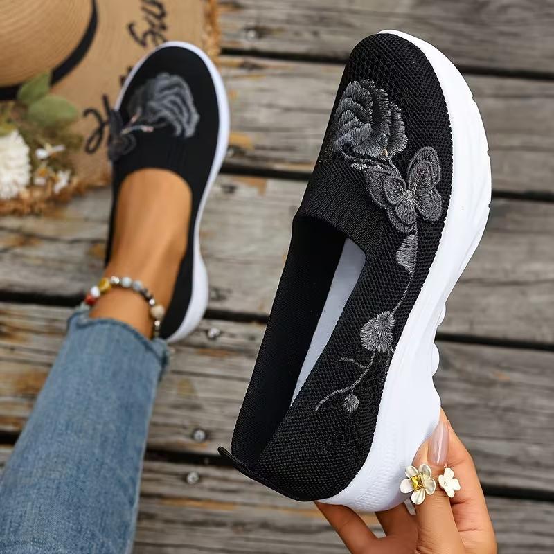Damskie Buty Płaskie, Rozmiary Plus Size, Haftowane Buty Codzienne, Oddychające Tkane Fly Weave Wsuwane Buty Lazy dla Kobiet
