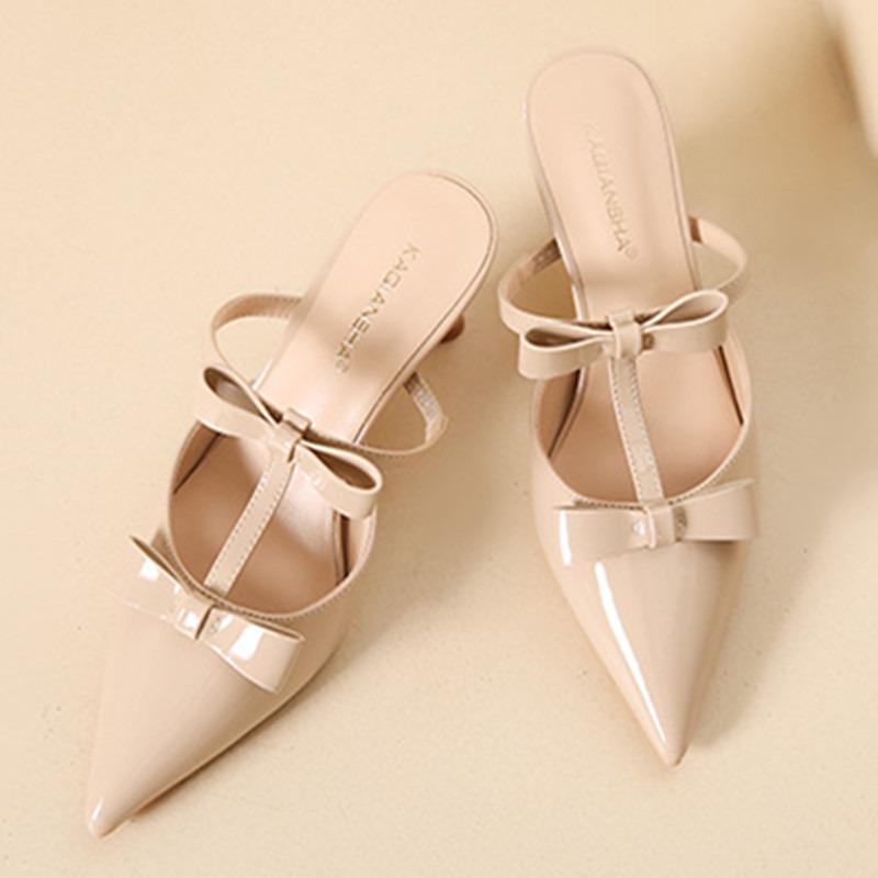 Fashion Elegant Black Pointed Toe Pumps Women Sweet Butterfly-knot T Strap Decoration Slide Sandals Fashion Comfort Brand Designer Shoes