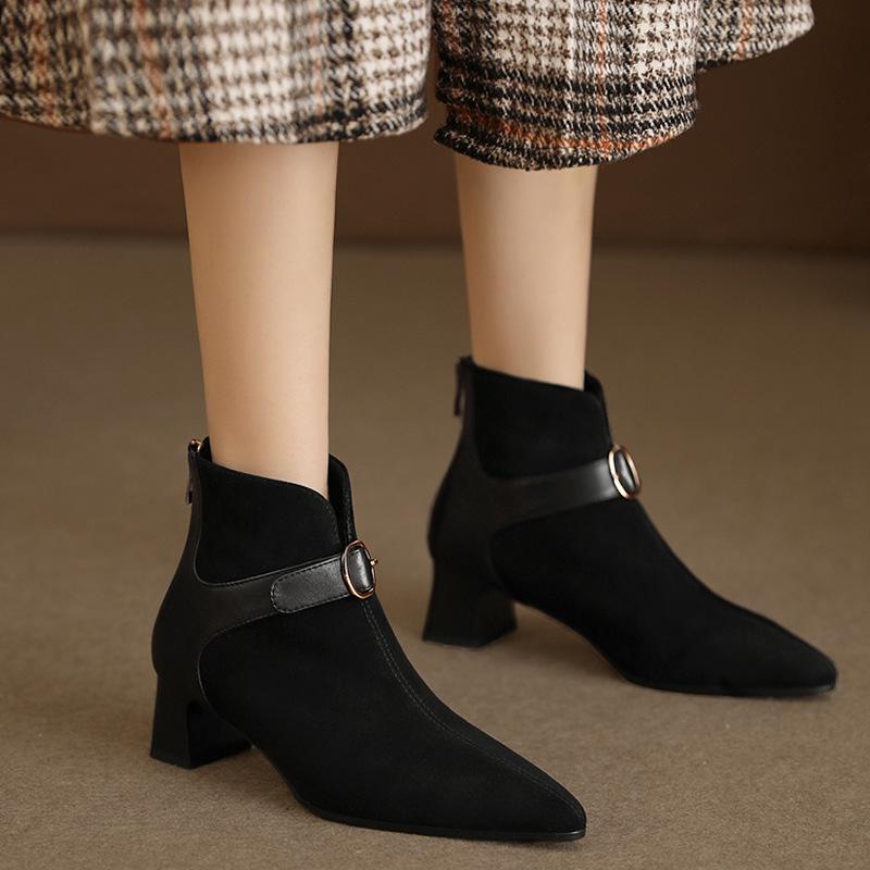 2024 Autumn/Winter New Combination Mid Heel Thick Heel High Heel Pointed Boots Women's Brown Short Boots Women's
