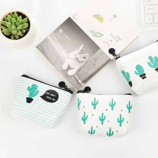 Cactus Print Students Keychain Pencil Case Zipper Storage Coin Pouch Mini Bag