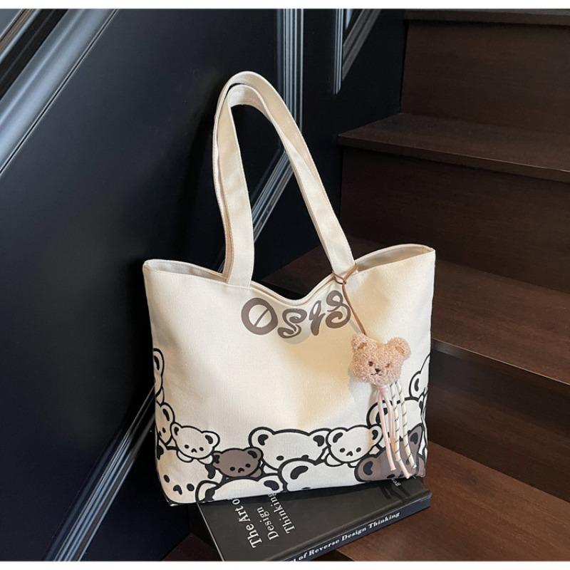 Large Capacity Lazy Wind Bag Women's New Bear Canvas Bag College Students Commute To Class Shoulder Tote Bag