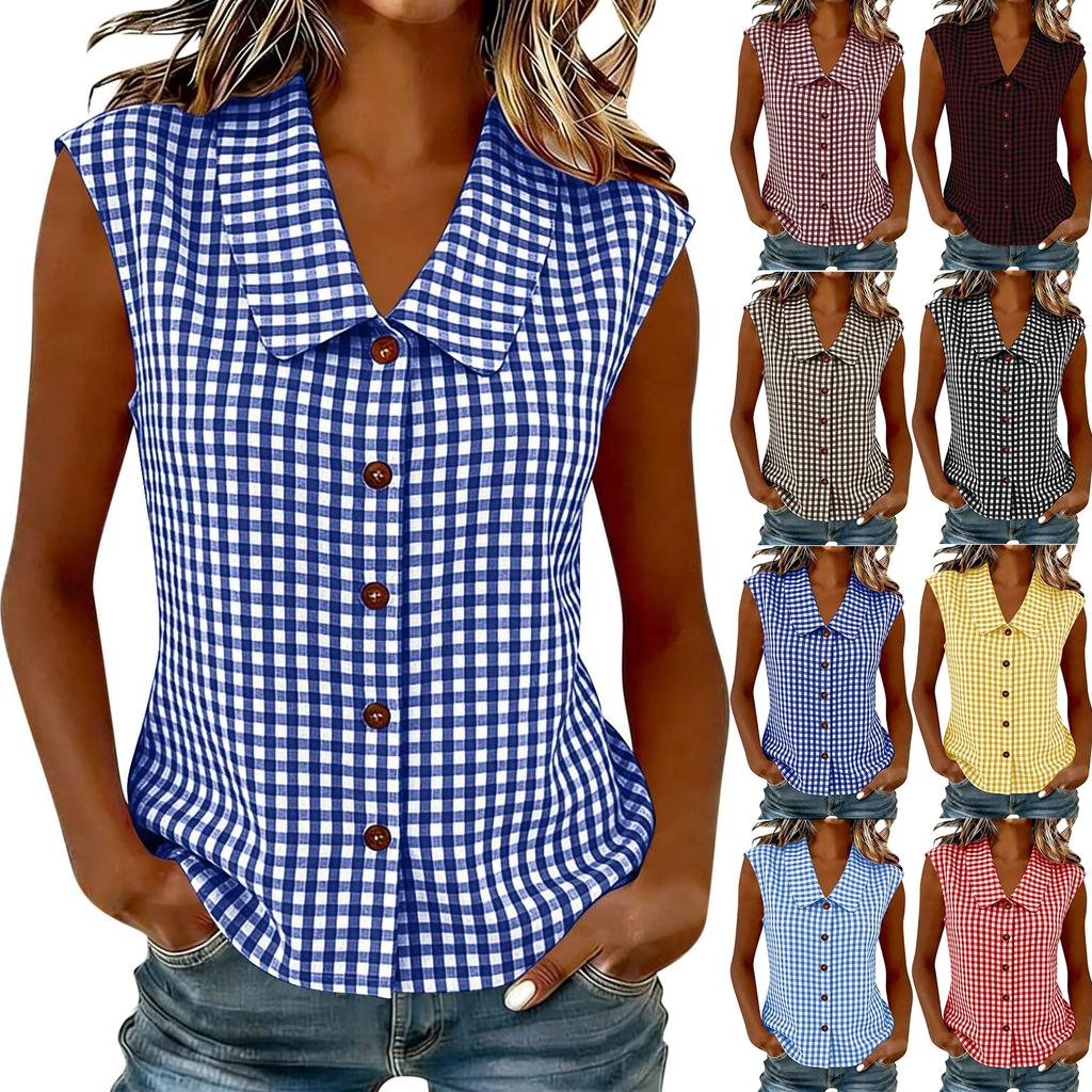 Women's Casual Plaid Sleeveless Collared Top