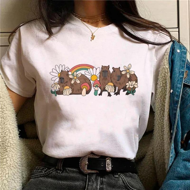 Summer Minimalist Capybara Pattern Printed Loose Round Neck Pure Cotton Short Sleeved Shirt T-Shirts Women’s