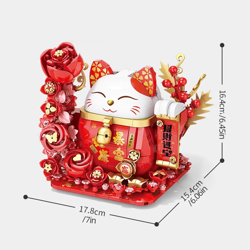 Funny Lucky Cat Building Blocks New Year's Festival Decorative Bricks Model With Lights Educational DIY Toys Gifts for Kids