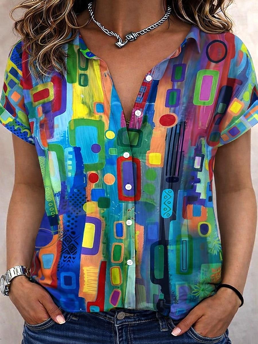 

Women s Hawaiian Abstract Blue Gold Print Shirt Lapel Collar Short Sleeve Casual Button Down Tops for Daily Street Style 5XL