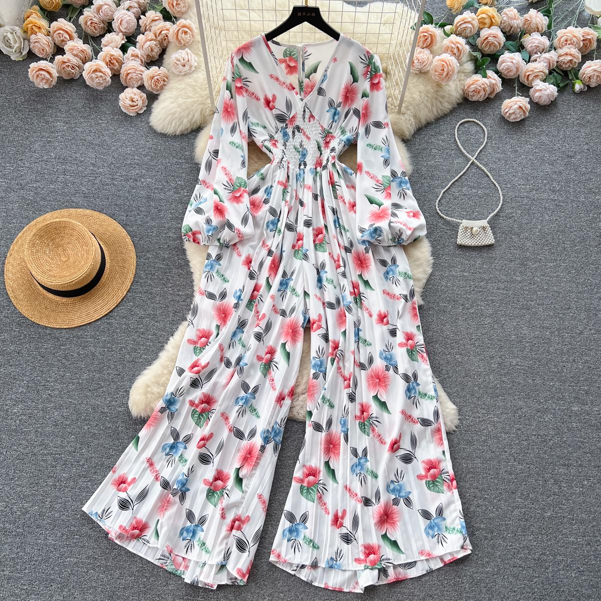 

Свободный комбинезон с цветочным принтом, женский комбинезон с длинными рукавами и эластичной резинкой на талии, широкие брюки, женские повседневные летние комбинезоны во французском стиле One Size белый