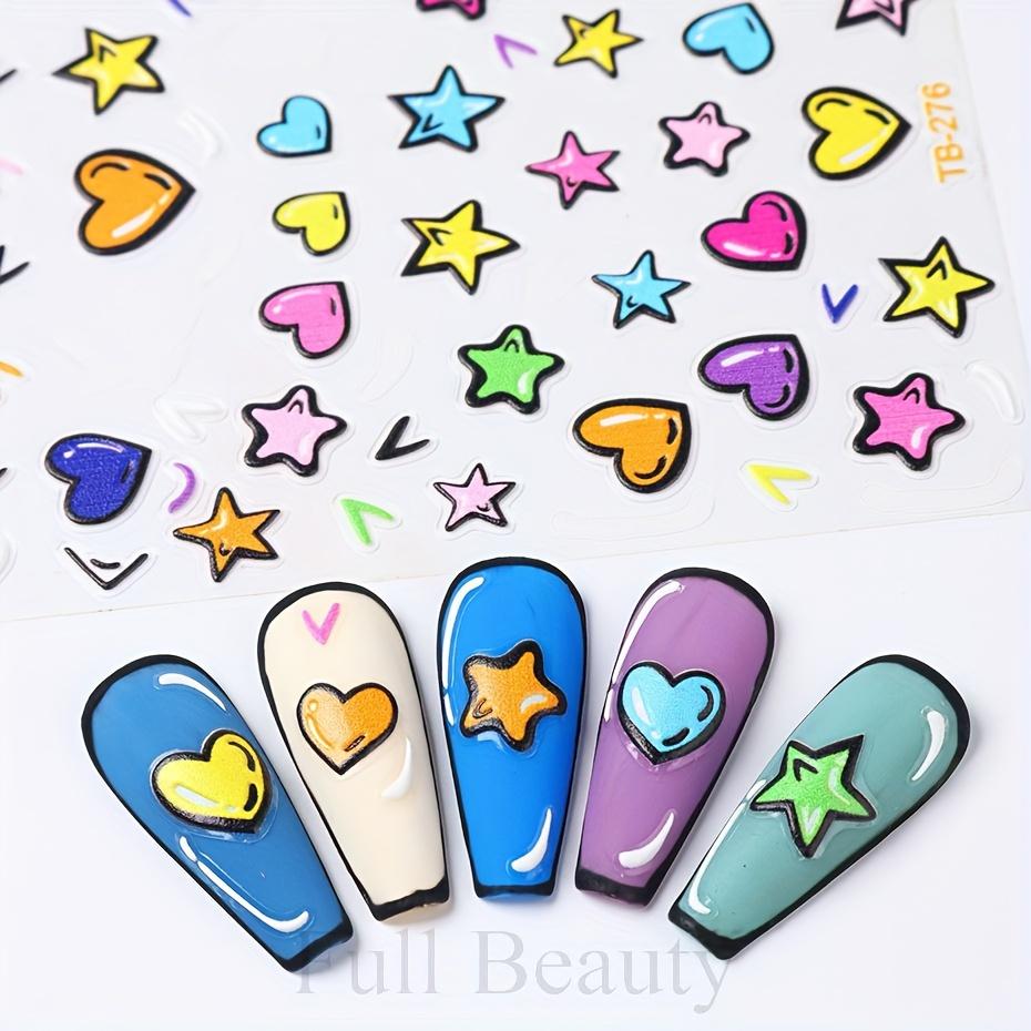 3D Graffiti Heart Star Design Nail Art Stickers, Self Adhesive Cartoon Star Heart Design Nail Art Decals For Nail Art Decoration