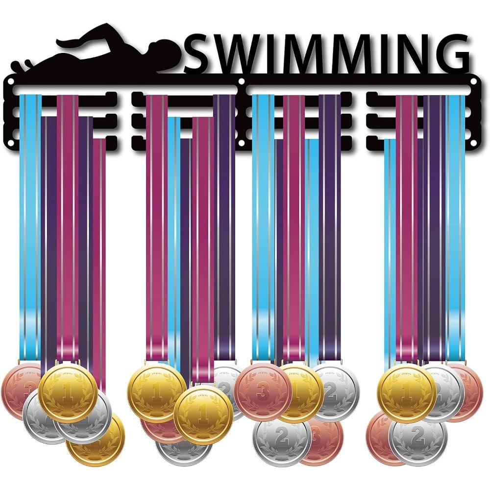 Metal Medal Display Rack Wall Mounted Holder Heavy Duty 20 Hooks for Sports Marathon Race Swimming Award Organizer Black 40x11cm