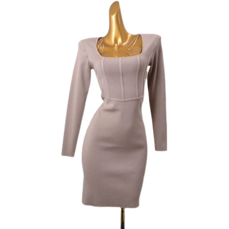 Fashion Style Square Collar Bandage Silm Dress Waist-Tight Early Autumn Sexy U-Collar Knitted Hip Skirt