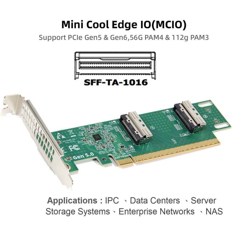 Xiwai 16x To Dual MCIO 8i VROC Mini Cool Edge IO Virtual RAID Adapter for Motherboard SSD Graphics Card PCIE5.0 PCI-Express SFF-TA-1016