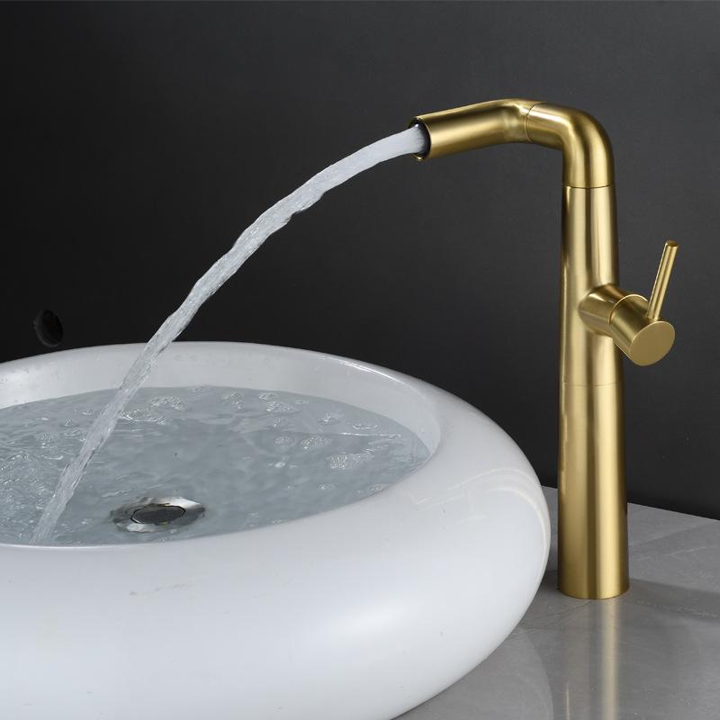 Creative Brushed Gold Bathroom Basin Faucet Brass Deck Mounted Single Hole Hot Cold Mixer Sink Tap Washbasin Crane Faucet